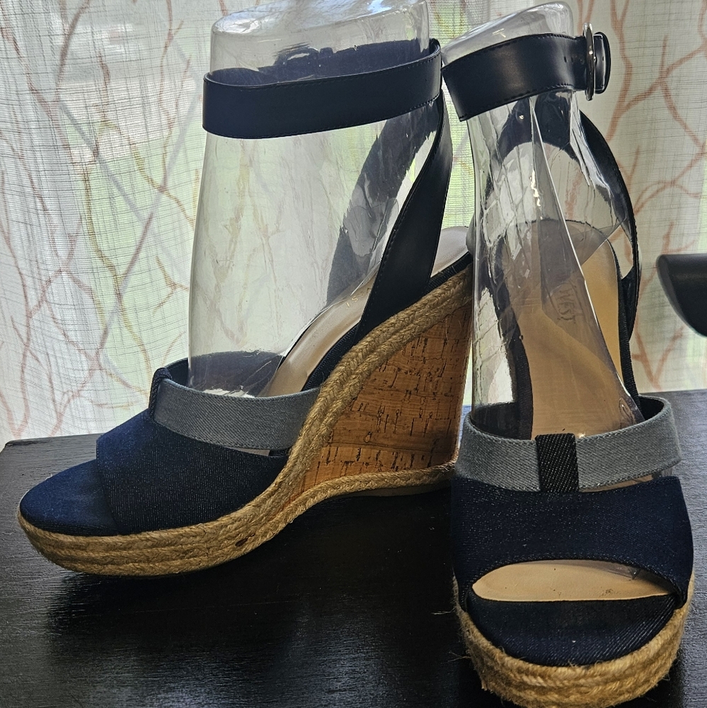 8.5M NINE WEST Blue Denim Wedge Sandals 25026494-6ue Funoneo Navy Mu De